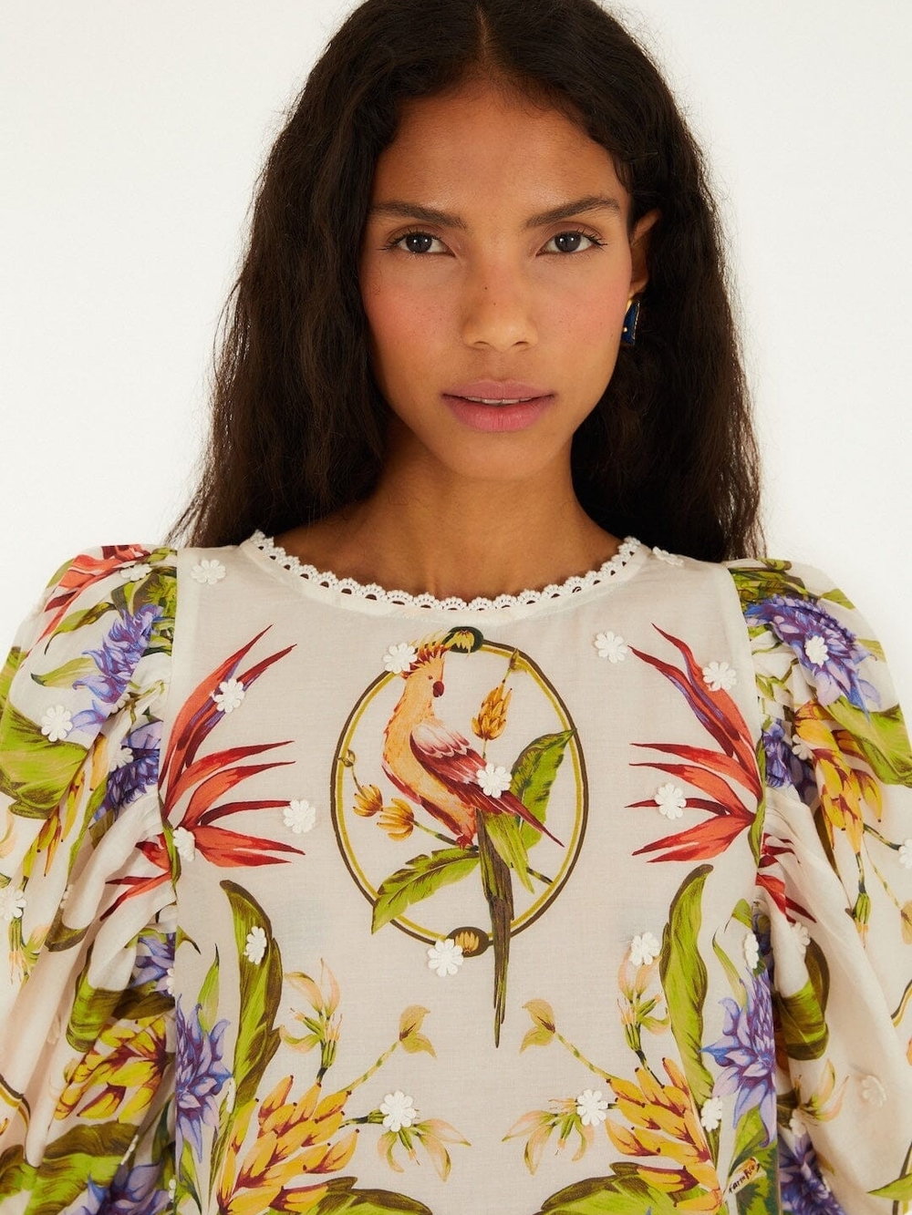 Farm Rio Floral Embroidered Ivory Puff-Sleeve Top